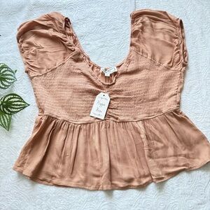 Hippie Rose Soft Brown Smocked Peplum Blouse Size XL NWT Boho Flowy
